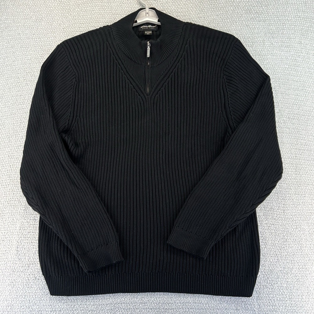 Eddie Bauer Sweater Mens 2XL Black Pima Cotton 1/4 Zip Ribbed Fisherman Knit